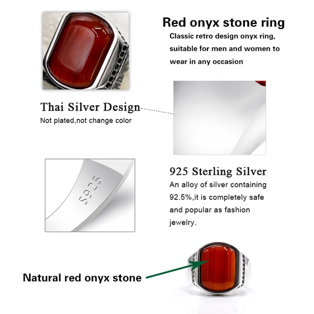 Fashion S925 Silver Ring Simple Smooth Design Men's Ring Set Small Zircon with Natural Curved Black Agate Luxury Türkiye Jewelry Christmas Gift (11, Red)