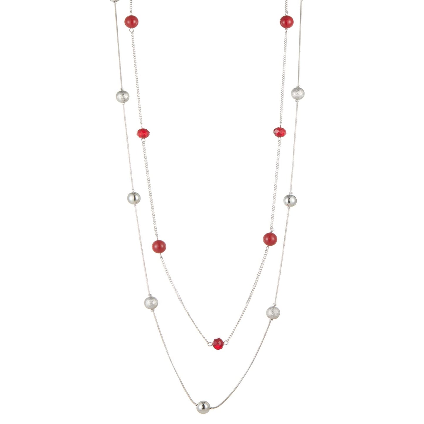Silver Layered Long Necklace for Women Pearl Crystal Sweater Strand Chain Necklaces Fashion Gifts (Red)