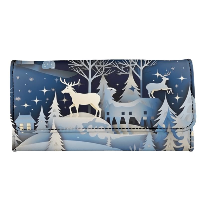 Jolamirel Womens Christmas Gift Trifold Wallets Snow Town Reindeer Large Capacity Wallet Paper Craving Pine Forest Deer PU Luxury Leather Ladies Long Slim Card Holder Purse