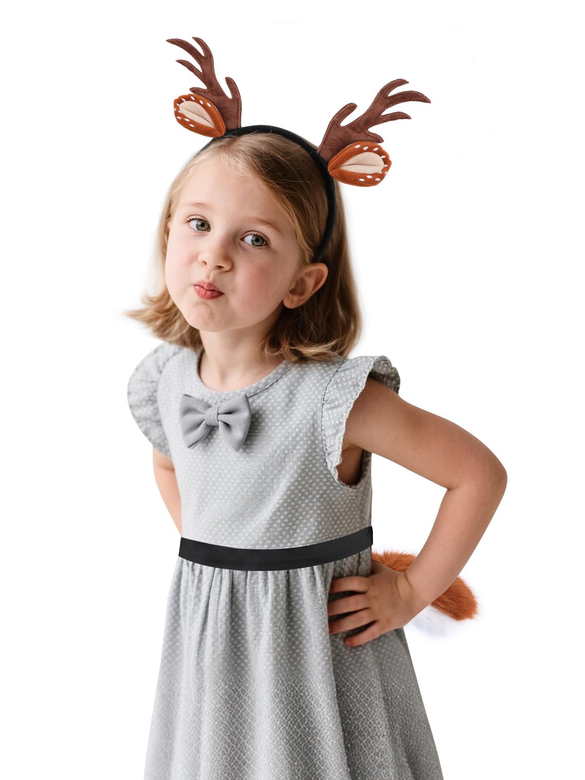 ROC PARTY Reindeer Antlers Headband and Tail Set – Fluffy Deer Ears, Antlers, and Tail for Kids – Brown Animal Costume Accessories for Christmas, Halloween, Party & Cosplay