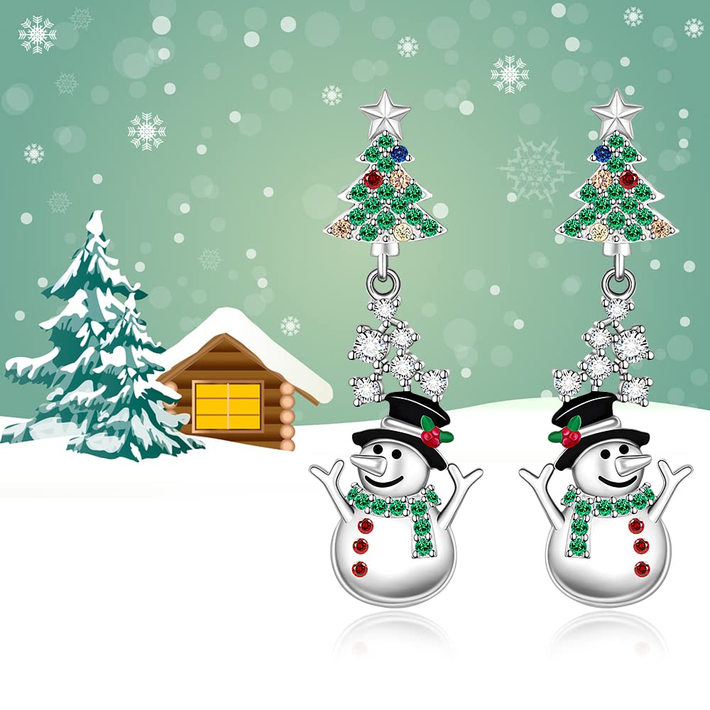 Christmas Tree Snowman Earrings for Women Sterling Silver Tree with Star Holiday Dangle Drop Earrings Colorful CZ Xmas Gifts