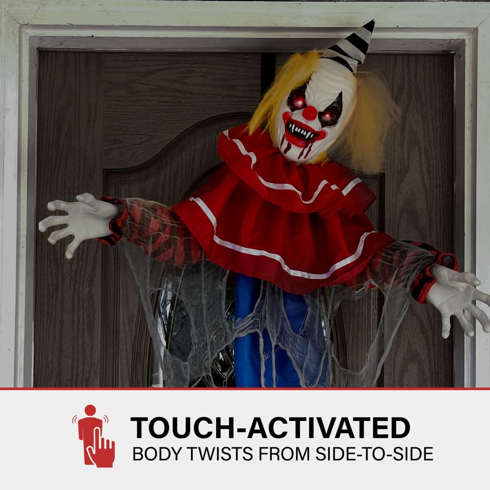 Haunted Hill Farm Animatronic Twisting, Talking Clown Greeter with Folding Door Hook for Scary Hanging Halloween Decoration