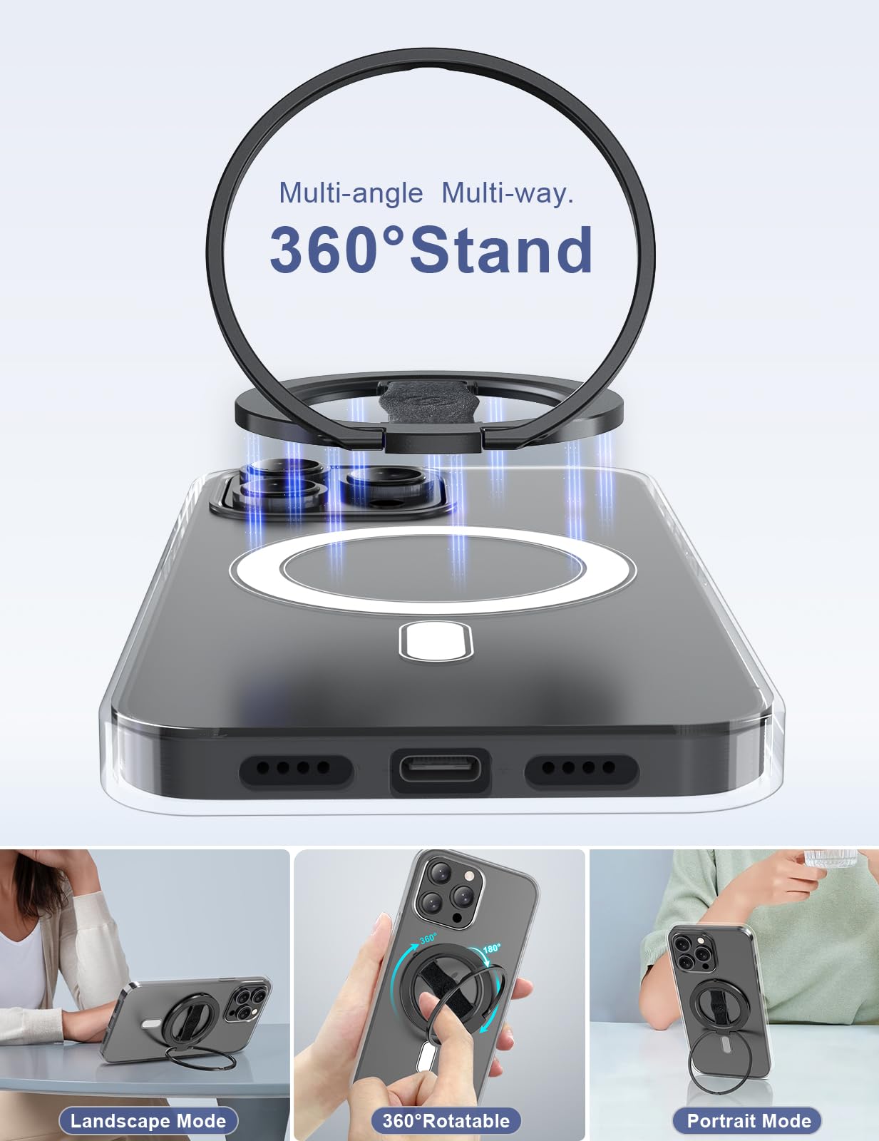 EWA MagOne 3rd Gen [Compatible with MagSafe] Phone Grip Stand with Finger Strap, Removable Magnetic Ring Holder Kickstand Loop for iPhone 16,15, 14, 13, 12 Series-(Black)