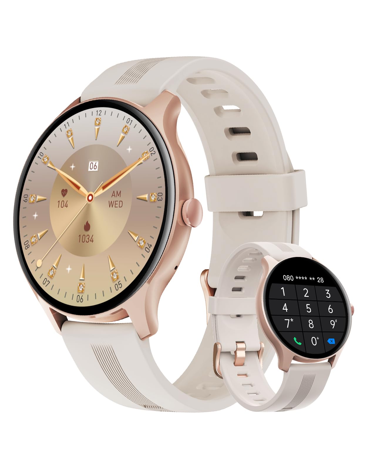 HUAKUA Smart Watches for Women Men (Answer/Make Calls) Compatible with iPhone/Android Phones, Round Smartwatch Fitness Tracker with Heart Rate Monitor Sleep/Steps Tracker Waterproof (Starlight/Gold)