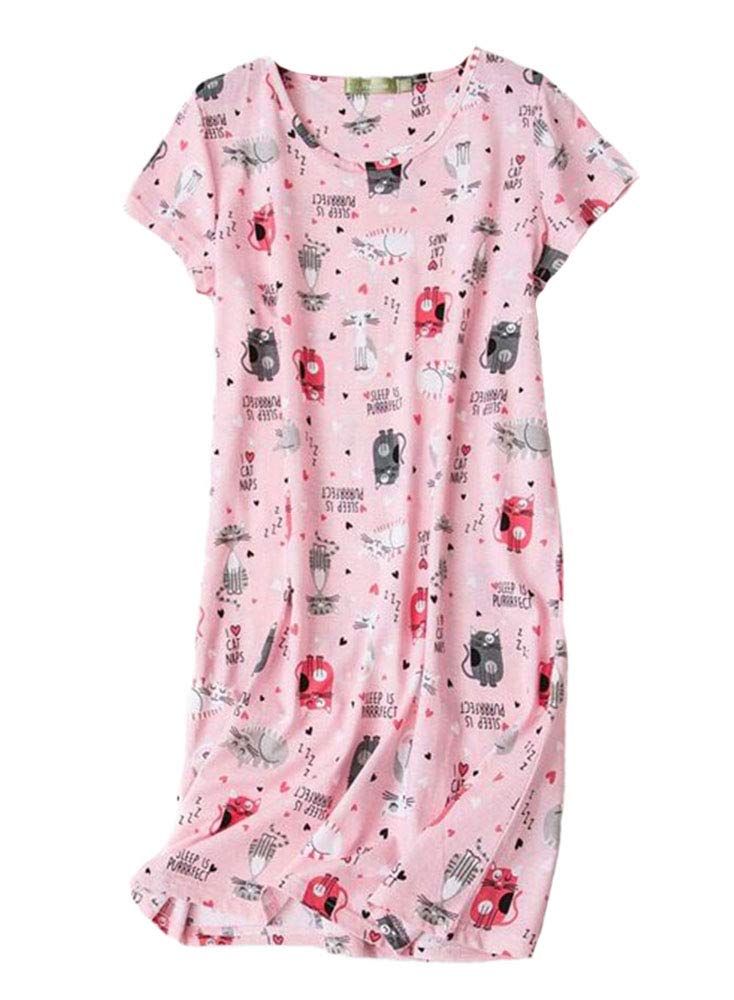 PNAEONG Women's Cotton stocking stuffers for adults Sleepwear Short Sleeves Stocking Stuffers For WomenSleepdress SY003-Cat+Star+Moon-S
