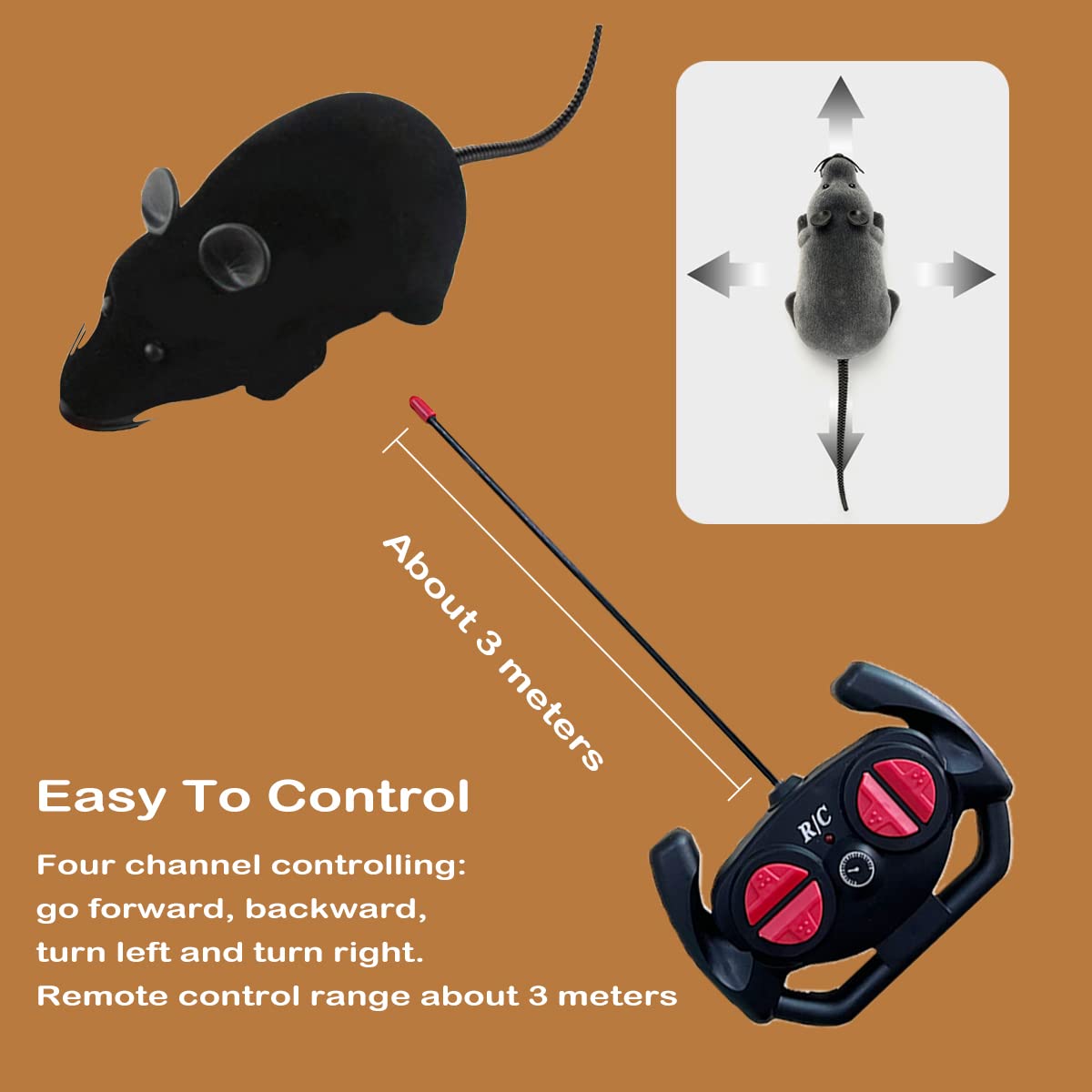 Giveme5 Remote Control Fake Rat Realistic Mouse Cat Toy Mice RC Toy Cat Mice Animal Interactive Toy Figures Cat Running Wheel Wireless Chasing Prank Joke Scary Trick Rats for Cat Funny Toy (Black)