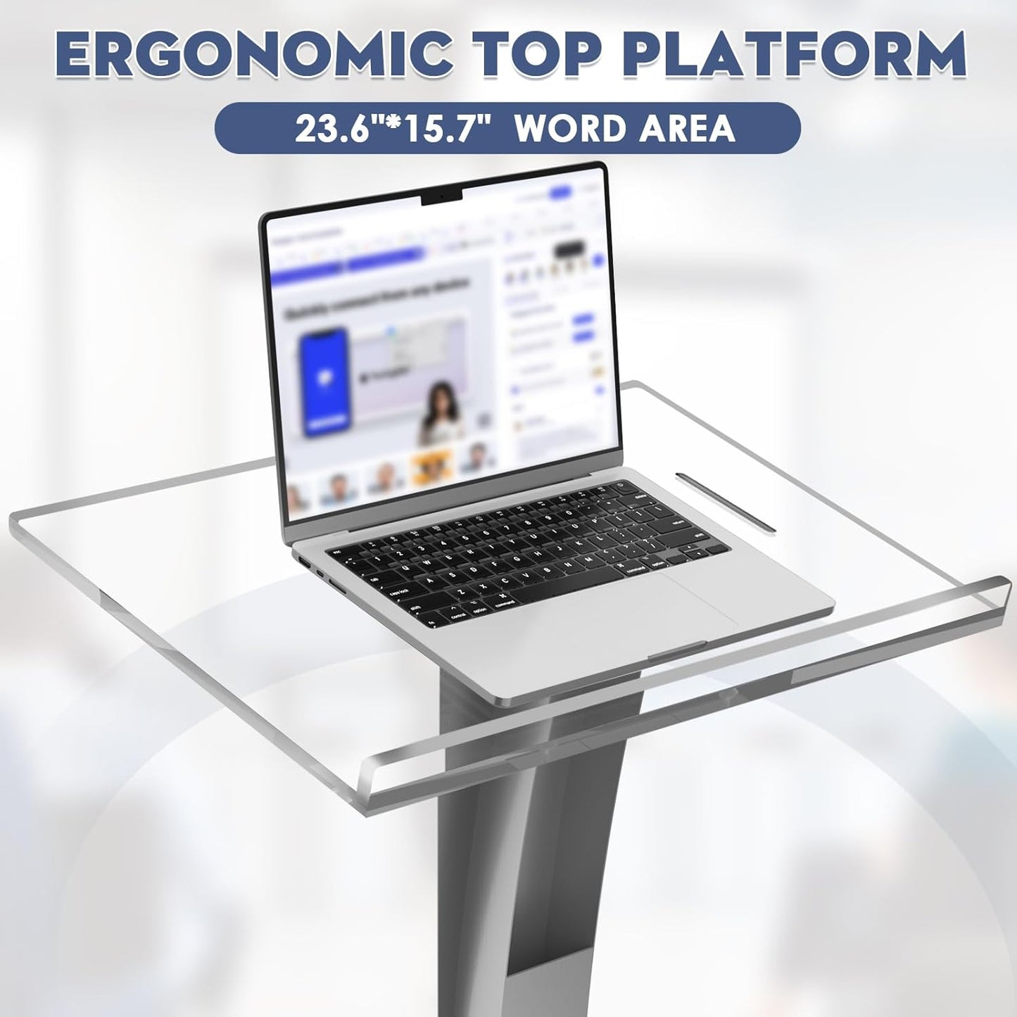 45" Acrylic Podium Stand, Ultra Clear Iron Pulpits for Churches, Modern Podium Lectern for Church, Conference, Speech, Classroom, 44.9"H x 23.6"L x 15.7"W (Silver)