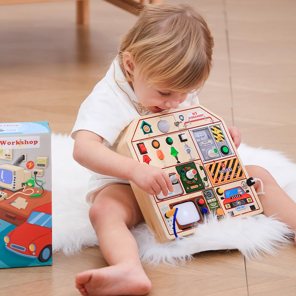 JAUNTY Montessori Wooden Busy Board for Toddlers 3 4 5 Years Old, Wooden Sensory Toddler Toys with LED Light Switches, TV Radio Telegram and Car Driving, Travel Toys Birthday for Boys Girls