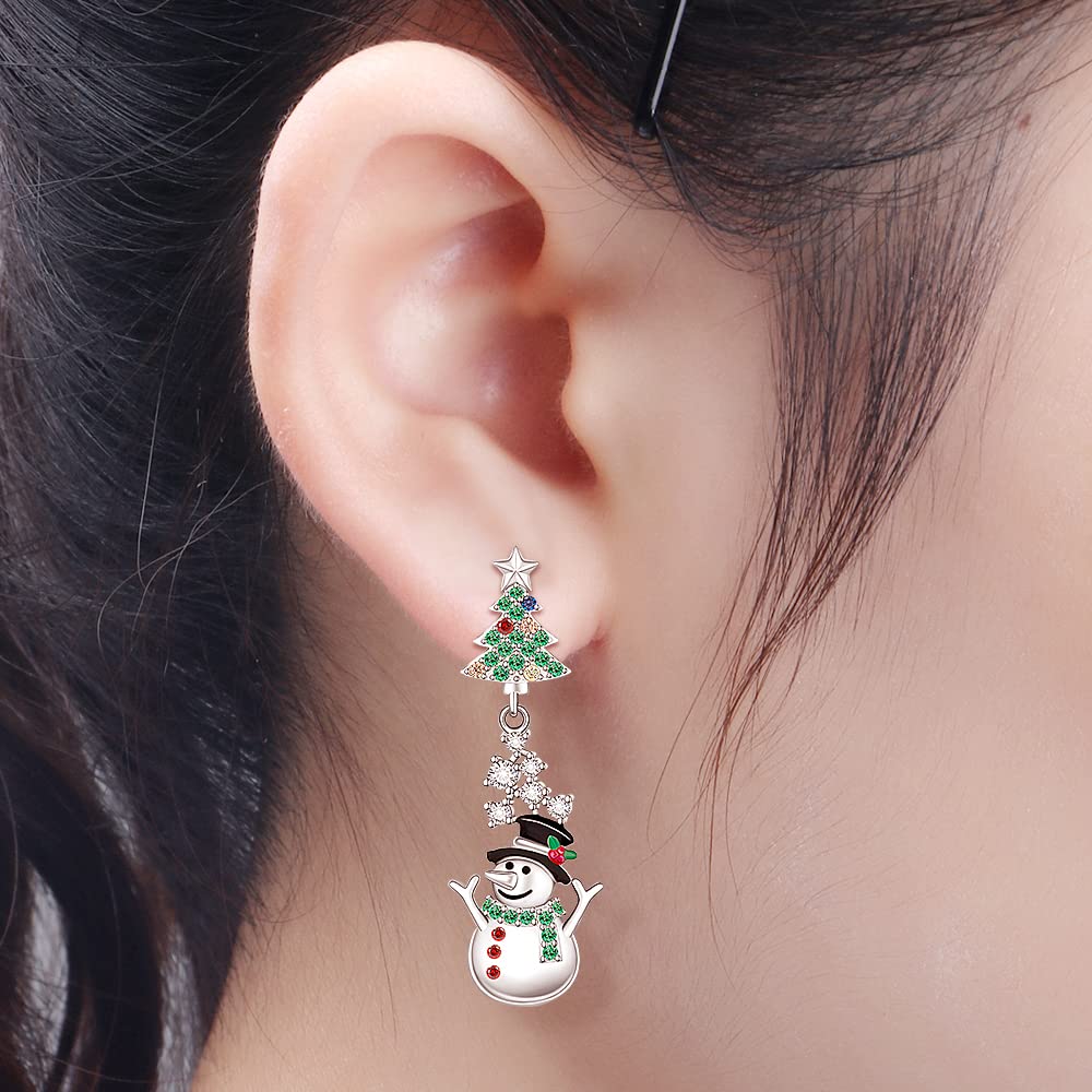 Christmas Tree Snowman Earrings for Women Sterling Silver Tree with Star Holiday Dangle Drop Earrings Colorful CZ Xmas Gifts