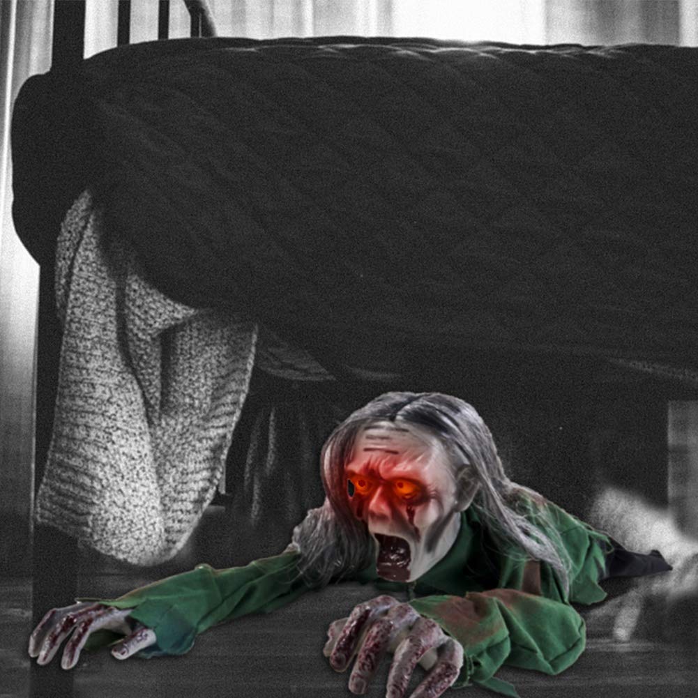 Joliyoou Halloween Decoration, 43.3-Inch Touch & Voice Activated Crawling Zombie, Scary Groundbreak Animated Halloween Zombie Prop for Halloween Outdoor Decor