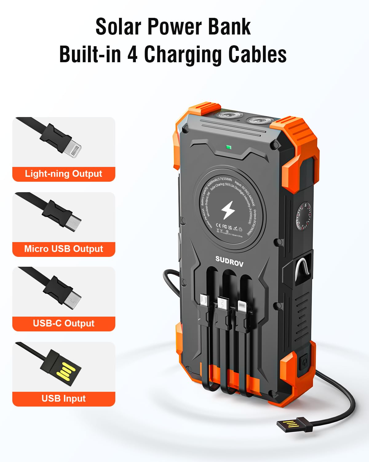 Sudrov Solar Charger Power Bank, 42800mAh Wireless Portable Charger with USB-C in/Output, QC3.0 Fast Charging 15W 4 Ports Outdoor Battery Pack Built-in Dual Led Flashlights for iPhone Samsung etc