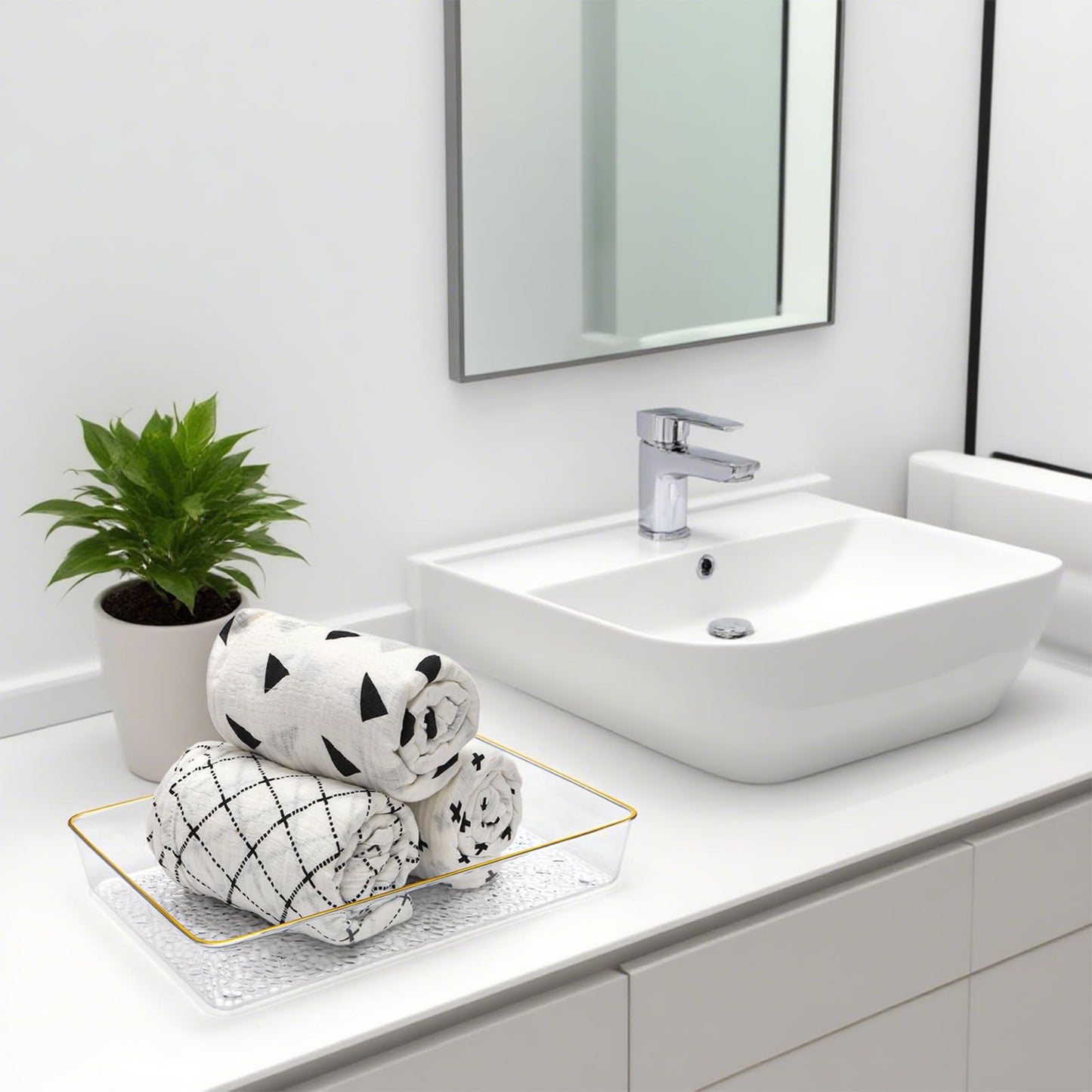 Cididu 4 Pack Clear Serving Trays, Deep Serving Platters Rectangle 12'' x 8'', Decorative Tray with Gold Rim, Reusable Plastic Tray Organizer for Coffee Table Pantry Party Food Display Spill Proof