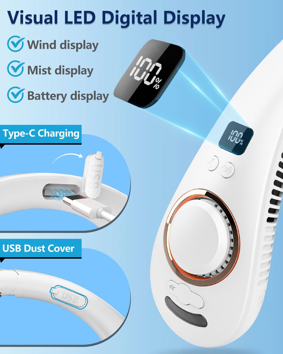 Neck Fan with Mist, Portable Neck Fans that Blow Cold Air,Folding Bladeless Personal Fan Mister, 5 Speeds USB-C Rechargeable Battery Operated Cooling Mising Fan for Women Men Kids White