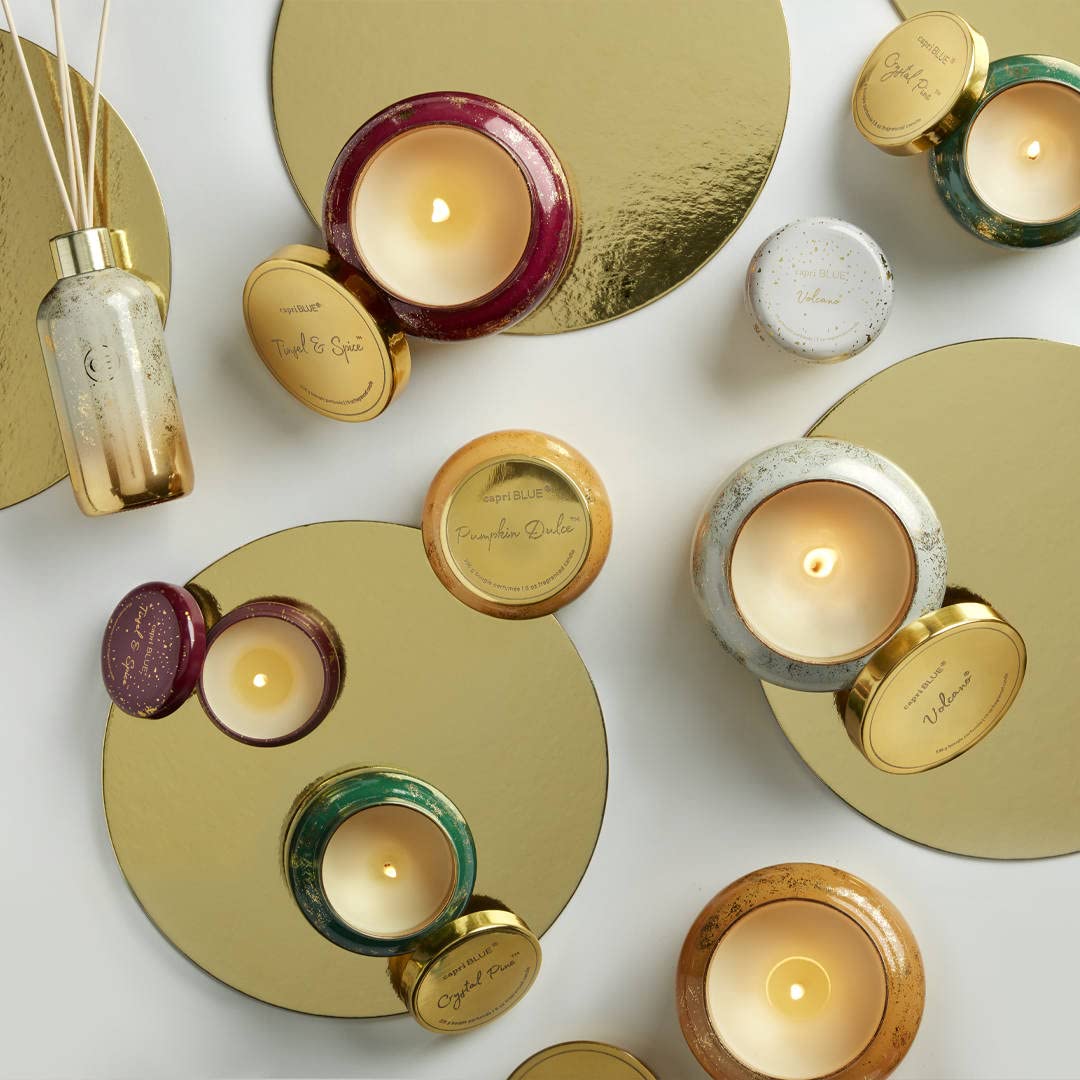 Capri Blue Glimmer Candle Holiday Gift Set - Volcano, Crystal Pine, Pumpkin Dulce, Tinsel & Spice - Luxury Aromatherapy Candles - 3 Oz Each