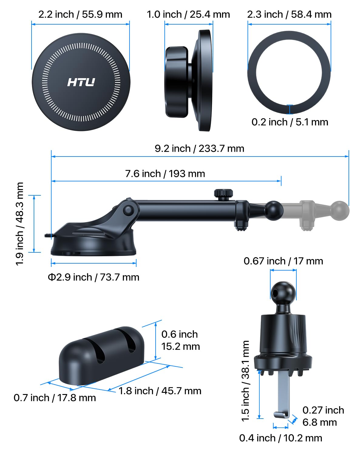 HTU for MagSafe Car Phone Mount Magnetic Phone Holder for Windshield Vent Dashboard Magnetic Suction Phone Mount for iPhone 16/15/14/13/12 & Android (Black)