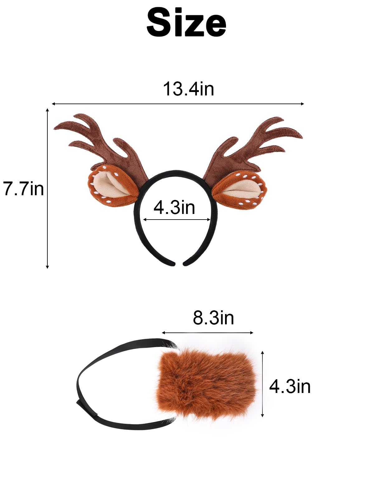 ROC PARTY Reindeer Antlers Headband and Tail Set – Fluffy Deer Ears, Antlers, and Tail for Kids – Brown Animal Costume Accessories for Christmas, Halloween, Party & Cosplay