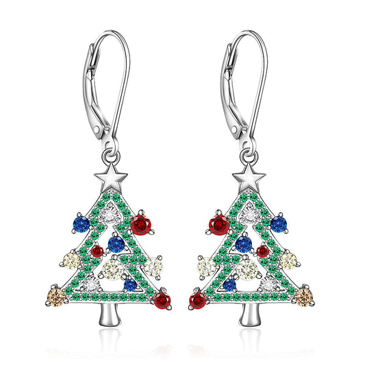 Sterling Silver Christmas Tree Earrings Leverback Dangle Drop Earrings for Women Holiday X-mas Christmas Tree Jewelry