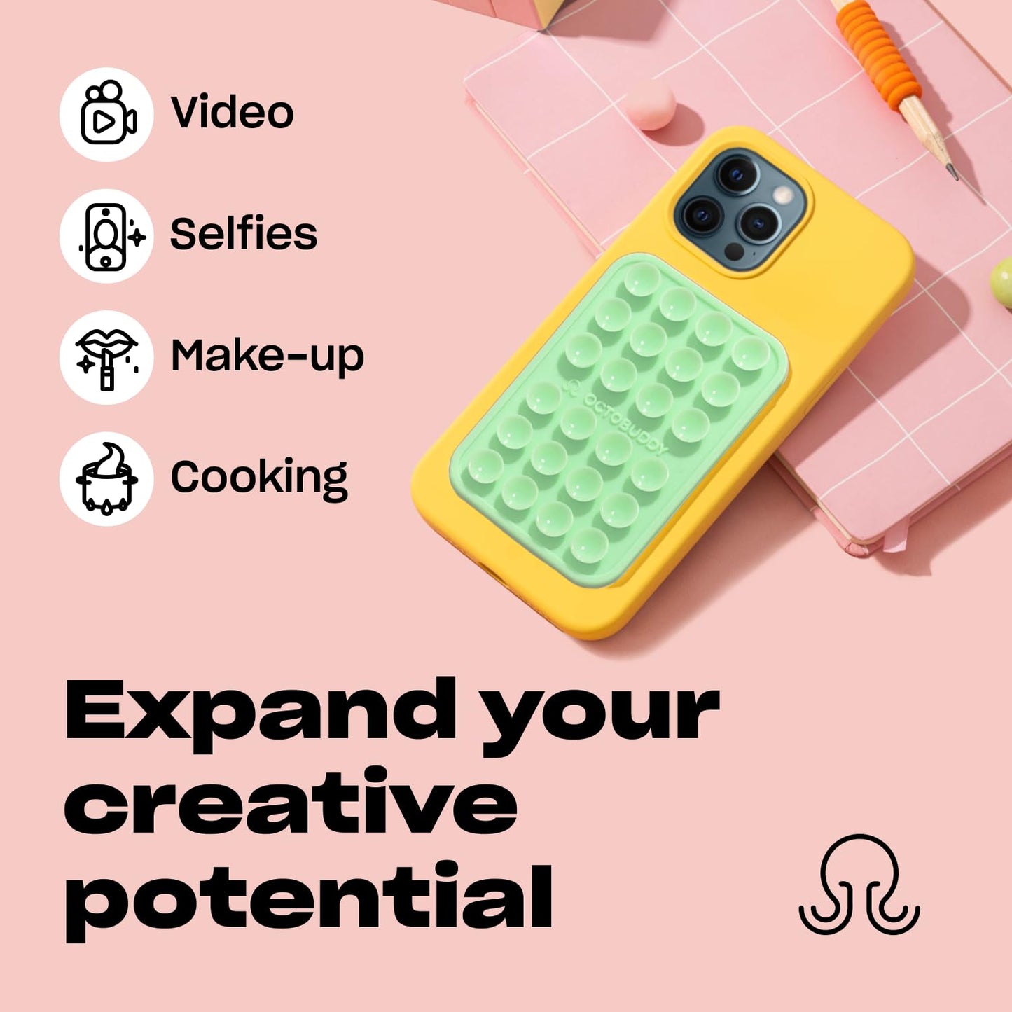 OCTOBUDDY Classic MAX - Silicone Suction Phone Case Adhesive Mount - Hands-Free, Strong Grip Holder for Selfies and Videos - iPhone and Android Compatible - 2.6″ x 3.9″, Chocolate