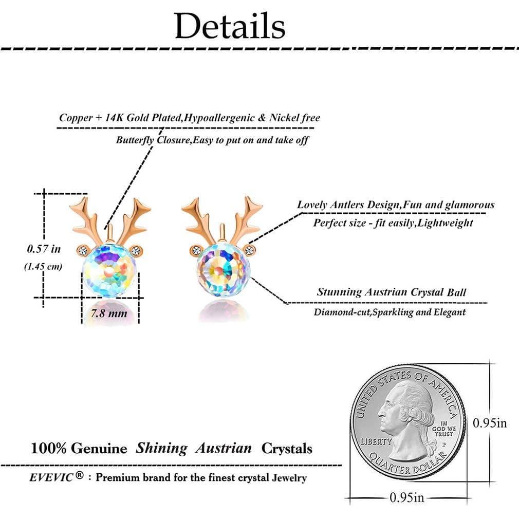 Christmas Earrings for Women Reindeer Earrings Austrian Crystal Stud Earrings Hypoallergenic Christmas Jewelry Holiday Jewelry Gift (Aurora Borealis)