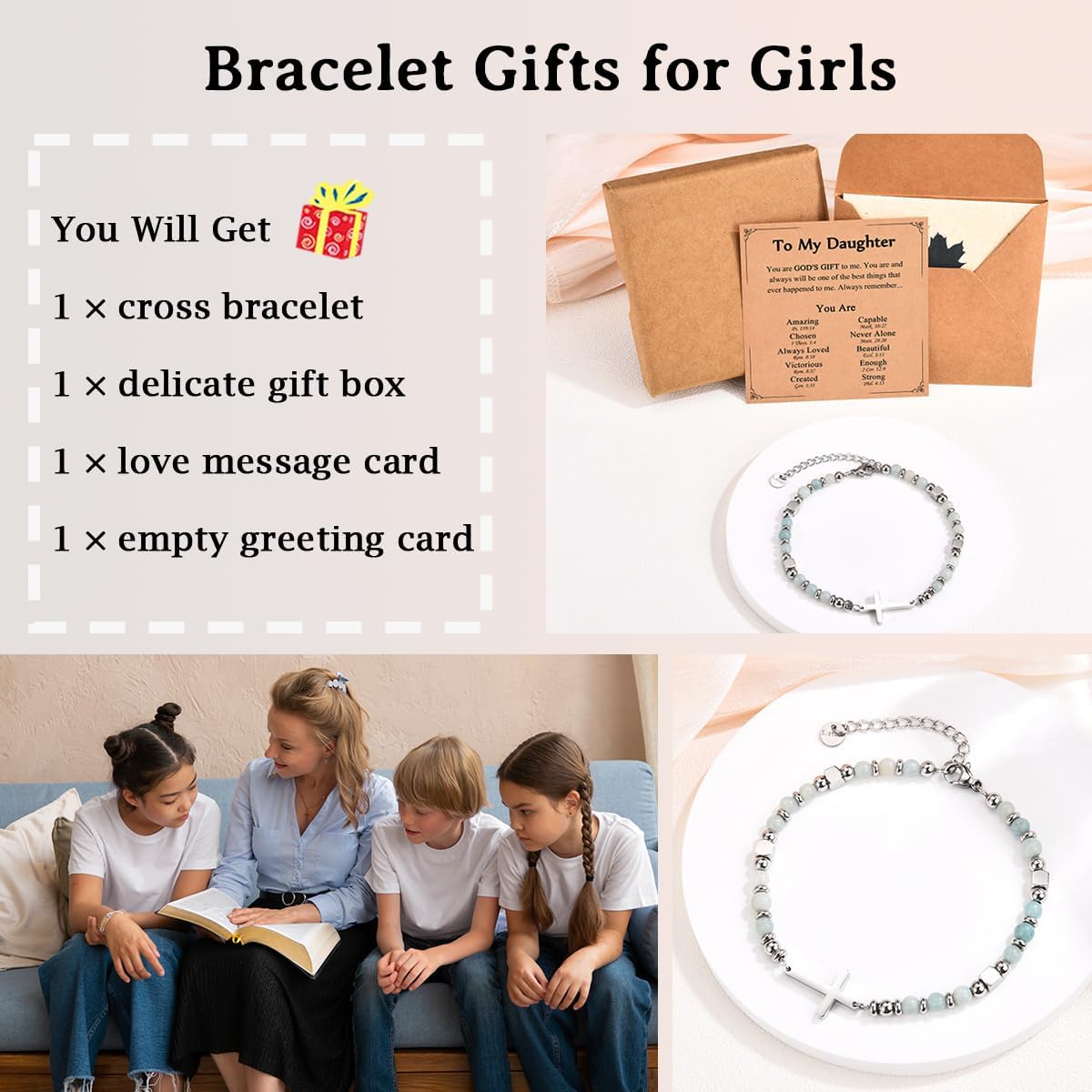 IKIATY Daughter Gifts from Mom Dad, Christian Cross Bracelet Jewelry for Teenage Girls, Daughter Birthday Gifts Easter Basket Christmas Stocking Stuffers Valentines Day Gifts for Teens Girls Women
