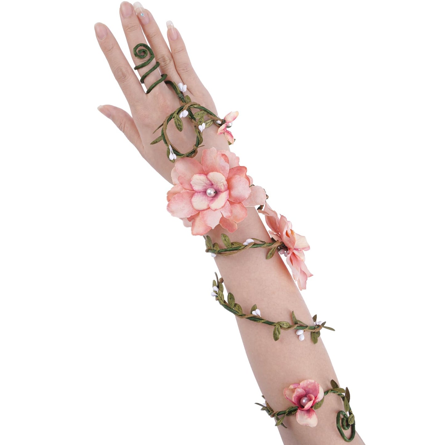 FRESHME Renaissance Fairy Flower Arm Wrap - 1 PC Elf Arm Cuff Bracelet with Pink Flowers Woodland Forest Mother Nature Costume Poison Ivy Costume Fantasy Renfaire Cosplay Prom Dress Up Accessories for Women