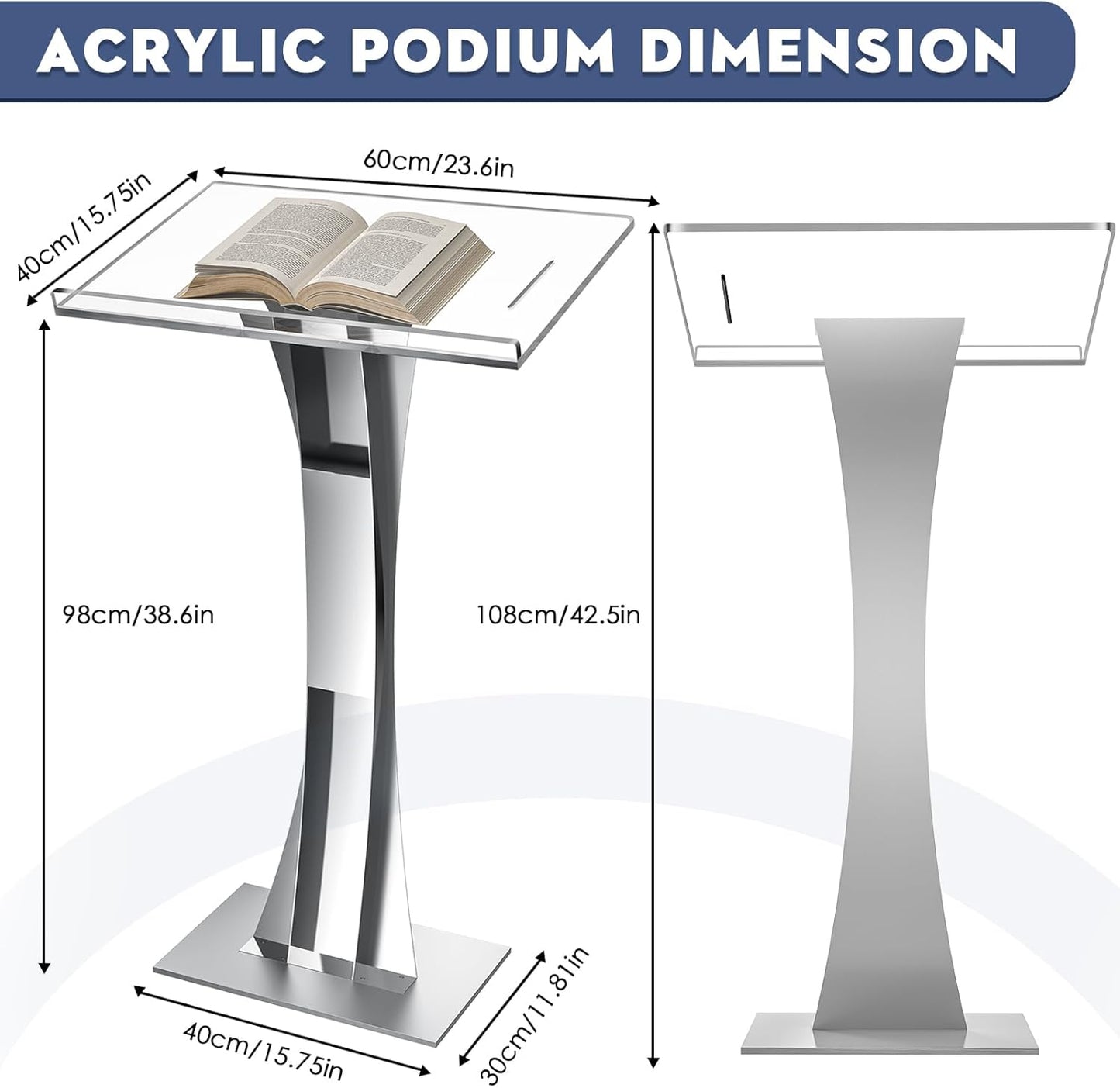 45" Acrylic Podium Stand, Ultra Clear Iron Pulpits for Churches, Modern Podium Lectern for Church, Conference, Speech, Classroom, 44.9"H x 23.6"L x 15.7"W (Silver)