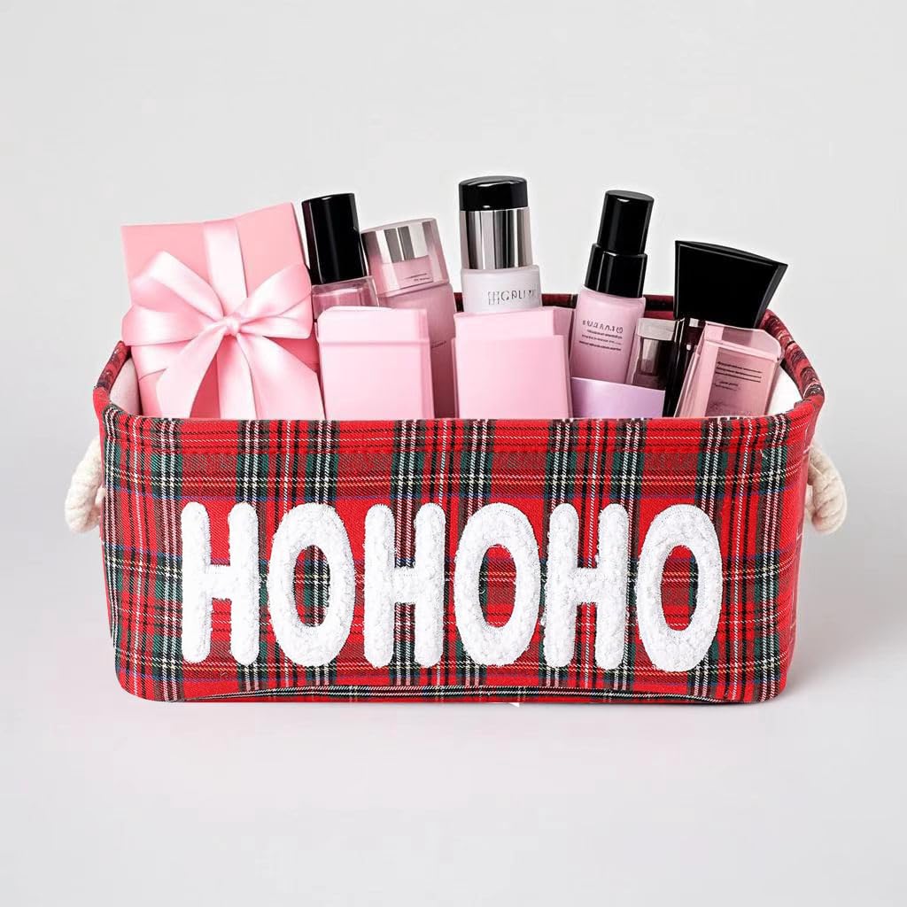 Christmas Gifts Baskets Empty Farmhouse Ornament Box Gift Storage Canvas Organizer Bin for Holiday Storage Organizing Xmas Gifts Baskets for Nursery/Living room, Kids Toy Chest, Large