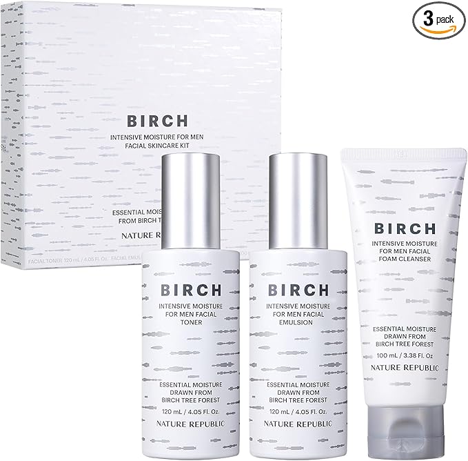 Nature Republic Birch Intensive for Men Skin Care Kit, Face Wash & Moisturizer for Hydrated Skin, Facial Toner (4.05 Fl.Oz) Emulsion (4.05 Fl.Oz) Cleaner (3.38 Fl.Oz), Korean Gift Sets