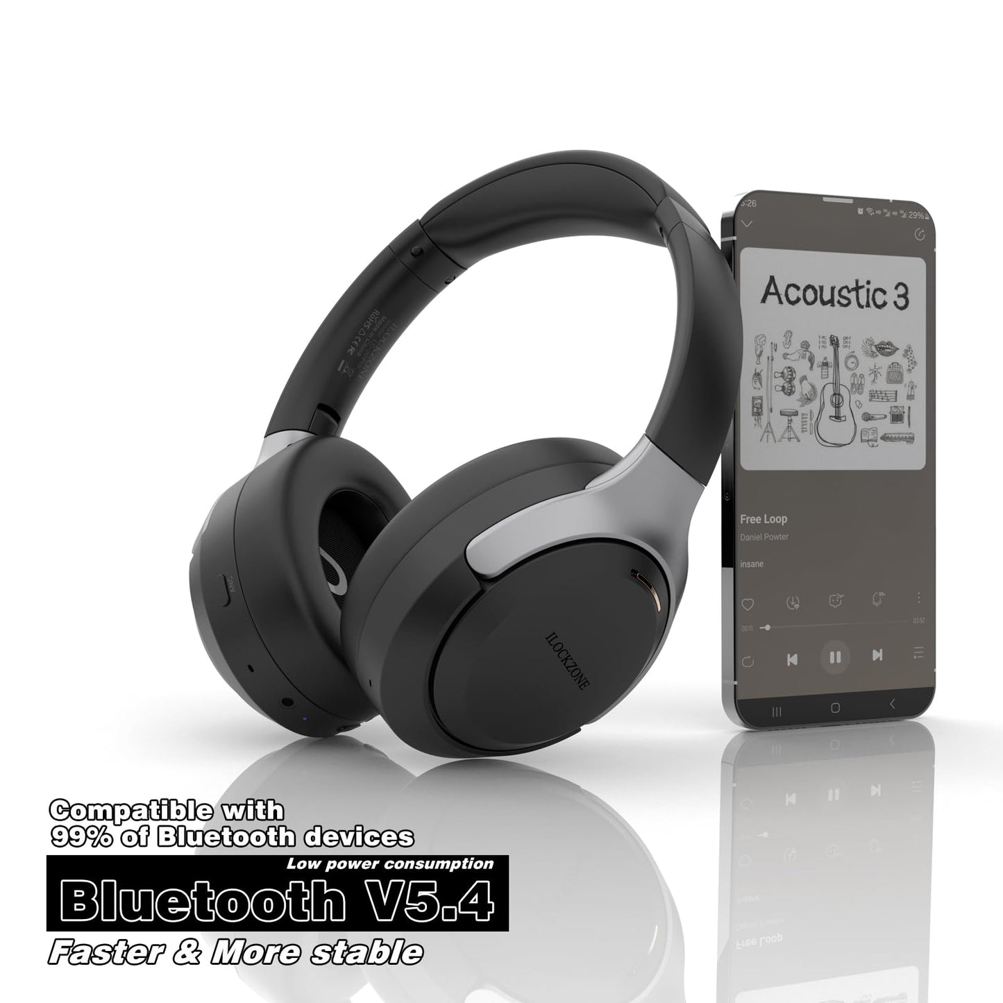 ILOCKZONE LC30Pro Hybrid Active Noise Cancelling Headphones, 100H Playtime Bluetooth Headphones, HiFi Audio Wireless Headphone with 3 EQ Modes, Low Latency & Foldable Design for School/Work/Travel/TV