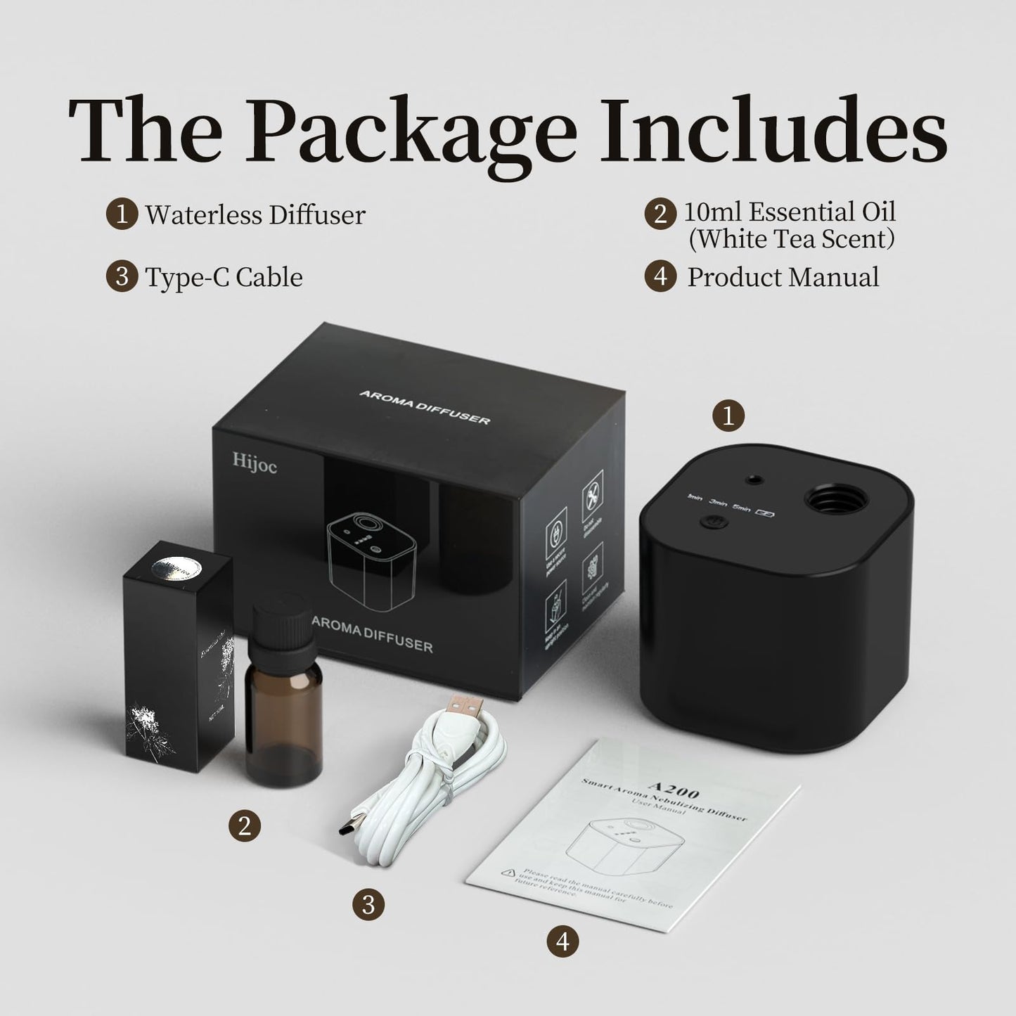 Scent Diffuser Waterless Essential Oil Diffusers with 3 Mist Modes,Cycle Start,Cordless Aroma Air Machine for 200 sq.ft Home/Office/Bedroom,Ultra Quiet,Includes 10ml Oil,Black