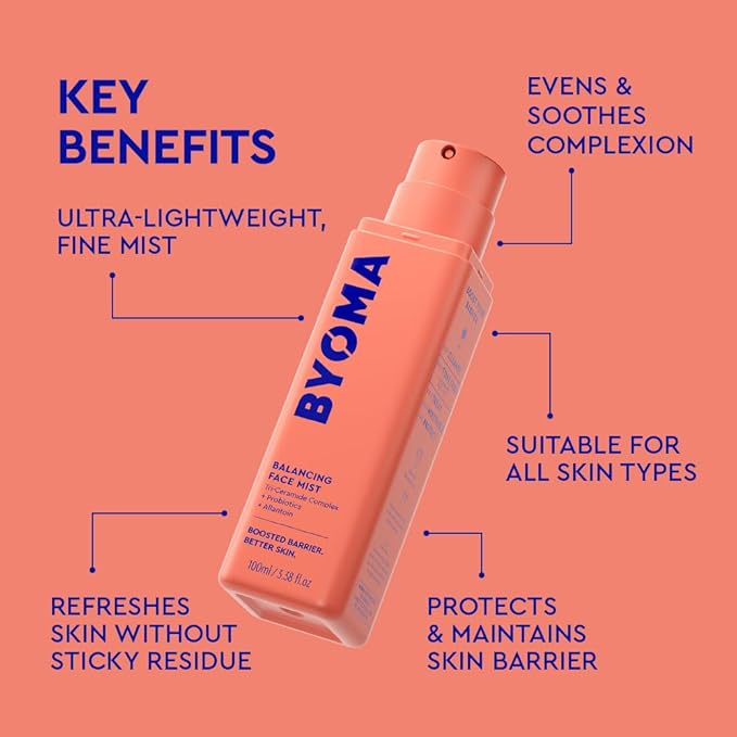 BYOMA Balancing Face Mist - pH Balanced Face Toner with Ceramides, Probiotics & Allantoin - Alcohol Free Toner Spray - Balance, Soothe & Refresh Throughout The Day - 3.38 fl. oz