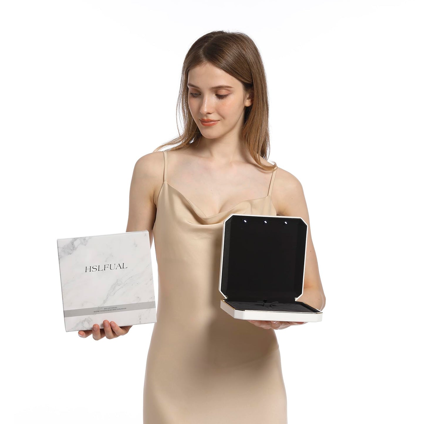 HSLFUAI Necklace Box with Led Light,Jewelry Box for Necklace,Jewelry Gift Box for Wedding, Birthday, Valentine' Day, Mother'S Day, Christmas,Black Velvet Interior Necklace Box(Blue)