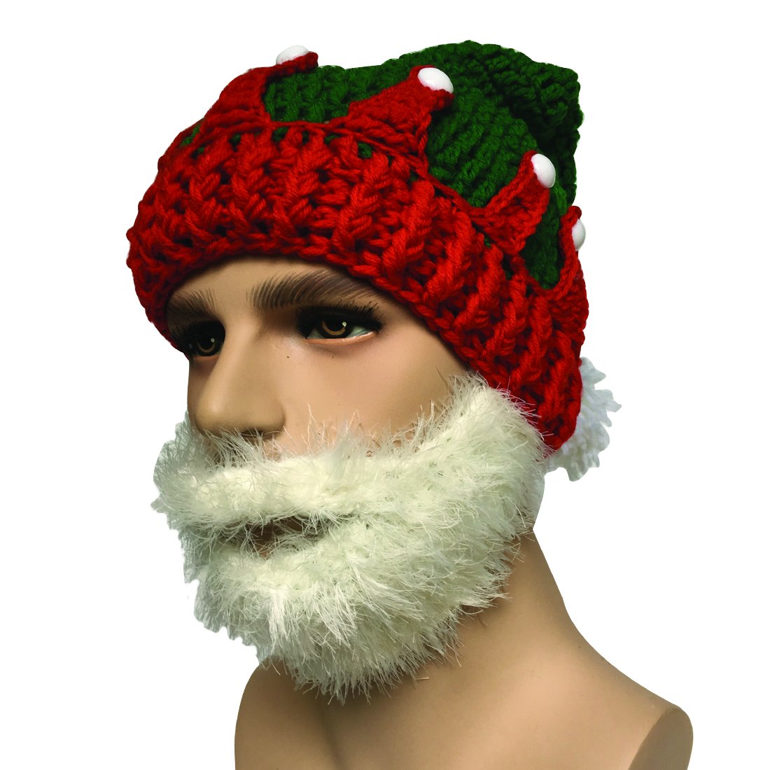 Kafeimali Unisex Christmas Winter Knitted Crochet Beanie Santa Hat with Beard Foldaway Bearded Caps (Red)