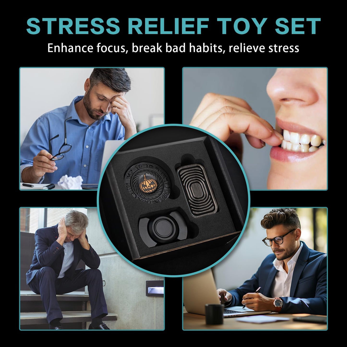 Fidget Toys Adults Set, Metal Fidget Slider, Spinner and Haptic Coin, Decompression Metal EDC Cool Figette Toys for Adults Anxiety Relieve Stress, Greater Focus, 3 Pack Black