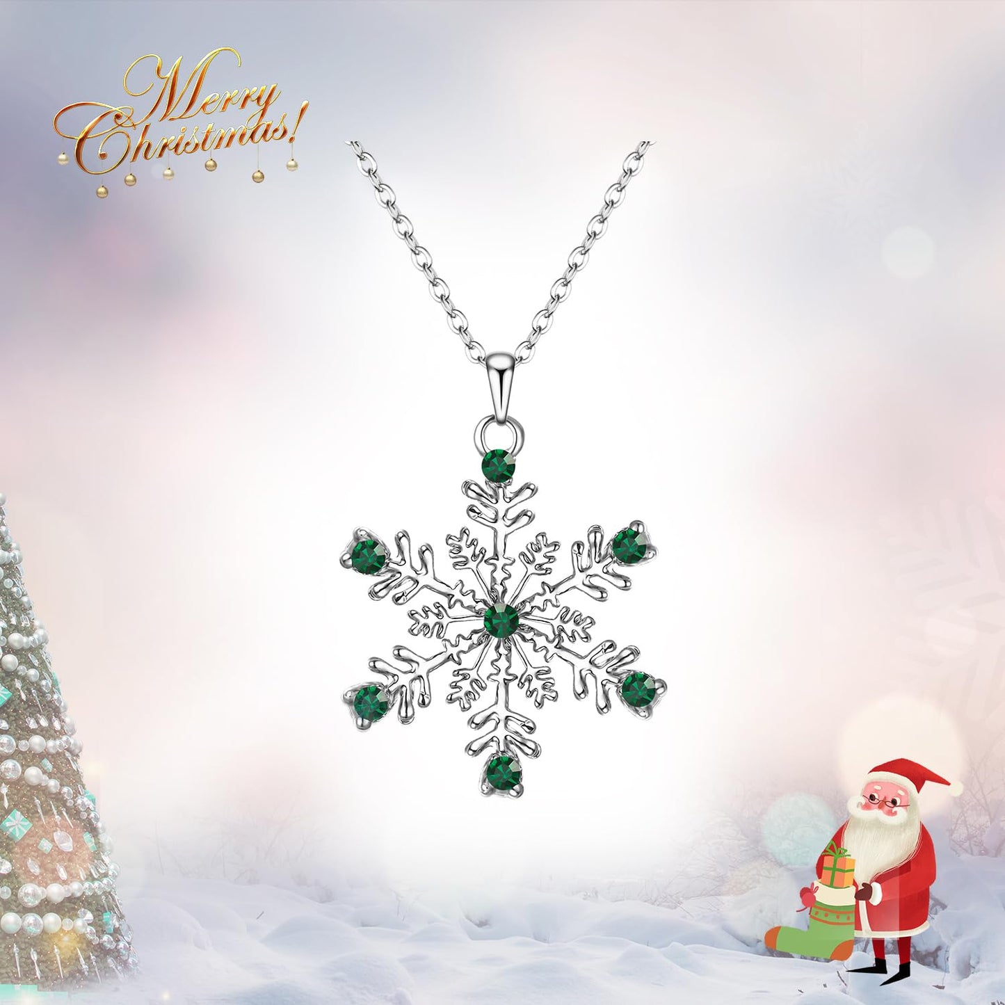 EVER FAITH Austrian Crystal Snowflake Necklace Winter Prom Flower Pendant Adjustable Chain Necklaces Jewelry Gifts for Women Green Silver-Tone