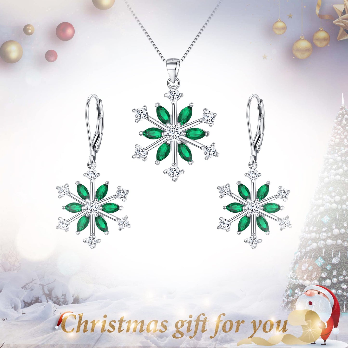 EVER FAITH Snowflake Jewelry Set Sterling Silver Winter Accessory Sparkle Green CZ Flower Necklace Leverback Earrings Sets