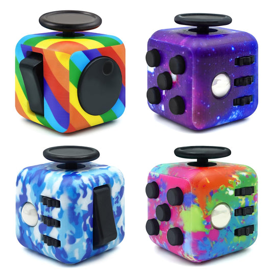 Lollyx Fidget Toy Cube, 4 Pack Cube Fidget Anxiety Relief Toys for Kids and Adults, 6 Sided Fidget Toys Cube Hand-Held for Adults, Audible/Silent Cube Toys Fidget for ADD/ADHD/OCD