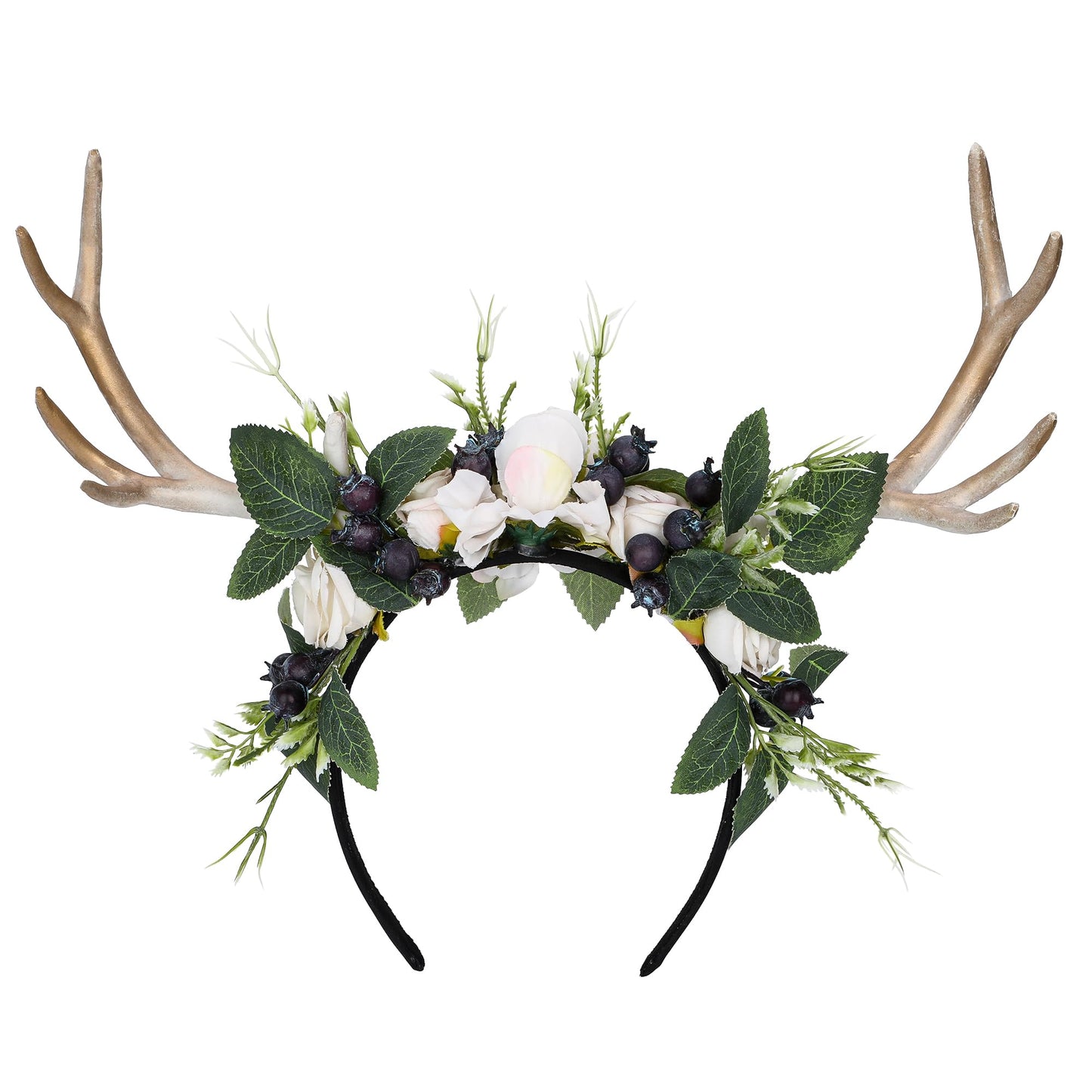 MOSTORY Handmade Deer Horns Headband - Flower Antler Hairband Woodland Reindeer Headpiece with Berries for Prom Renaissance Halloween Cosplay Accessory