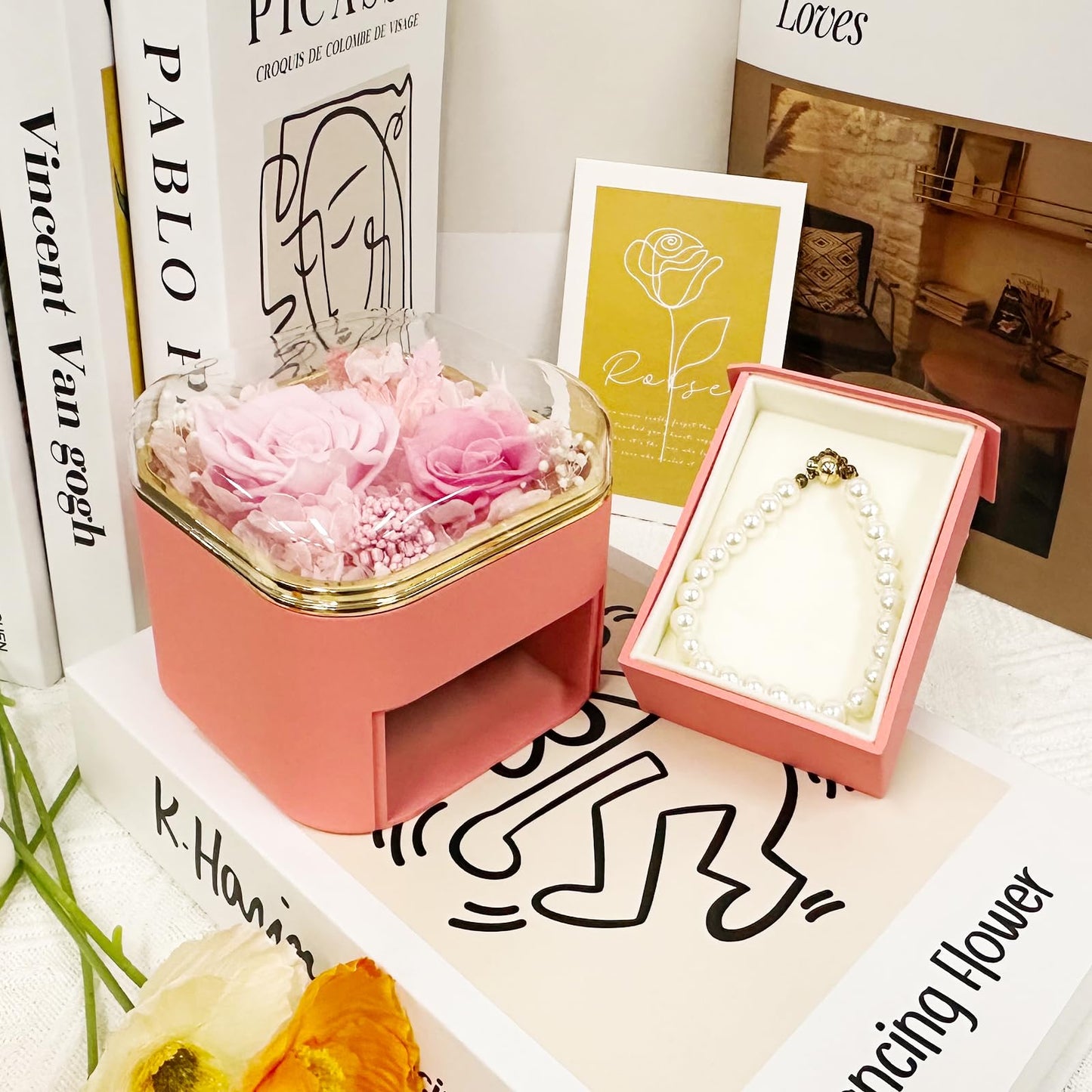 INYPTROPIC Preserved Real Rose with Pearl Bracelets Forever Flowers Jewelry Box for Mom Wife Girlfriend Grandma on Mothers Day Birthday Valentines Christmas Anniversary Beatiful Gifts for Women