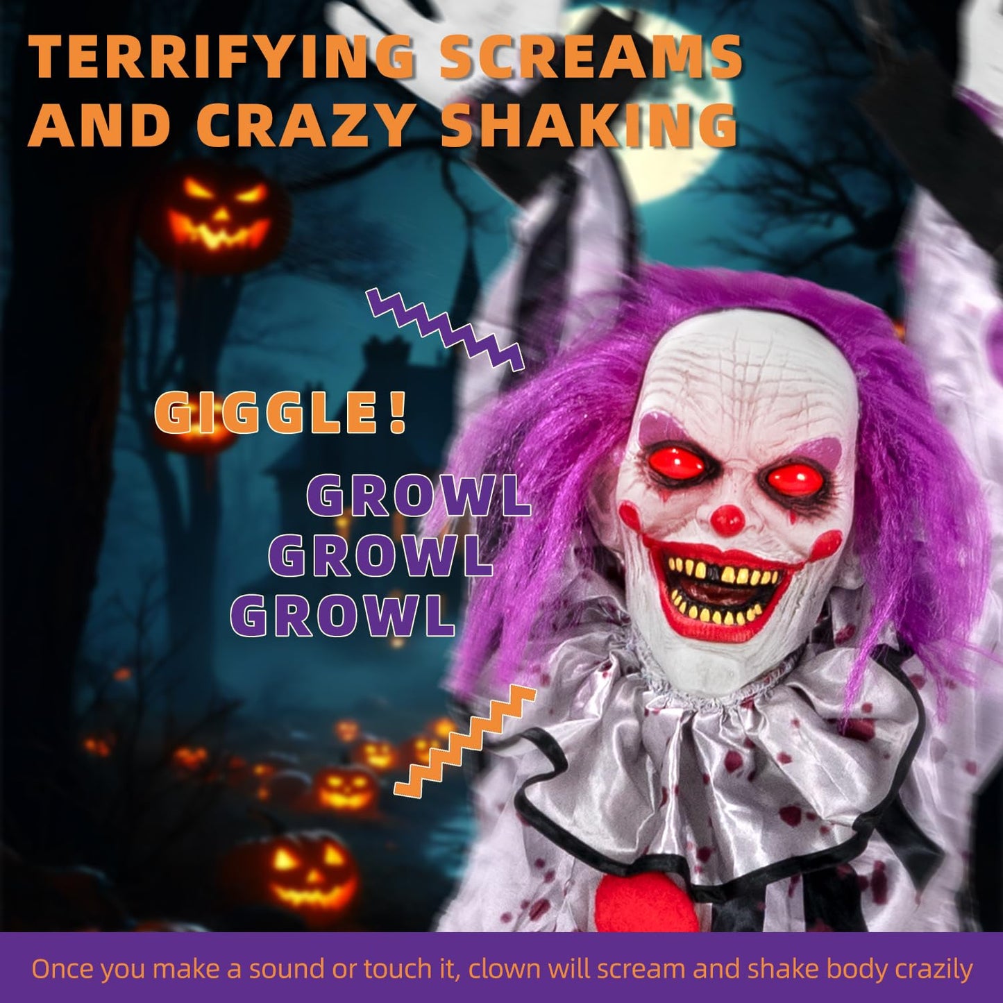 Kendane Halloween Decorations Outdoor and Indoor,Scary Halloween Animatronics Clown,Hanging Clown with Light-Up Eyes and Creepy Sound,Party Decorations for Yard Lawn,Haunted House Decor