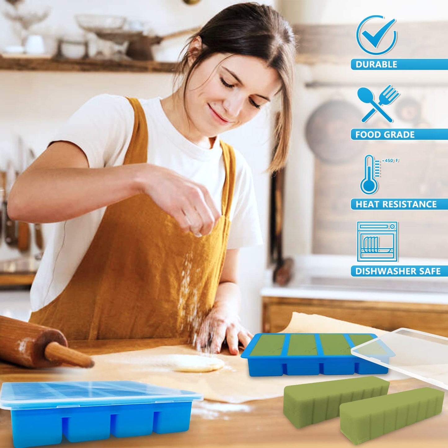 Silicone Butter Mold with Lid, Walfos Non-Stick Tray Fits Standard Butter Stick Size, Large Cavity, Holds 8 Tablespoons, Ideal For Soap Bar, Energy Bar, Cake, 2 Pack