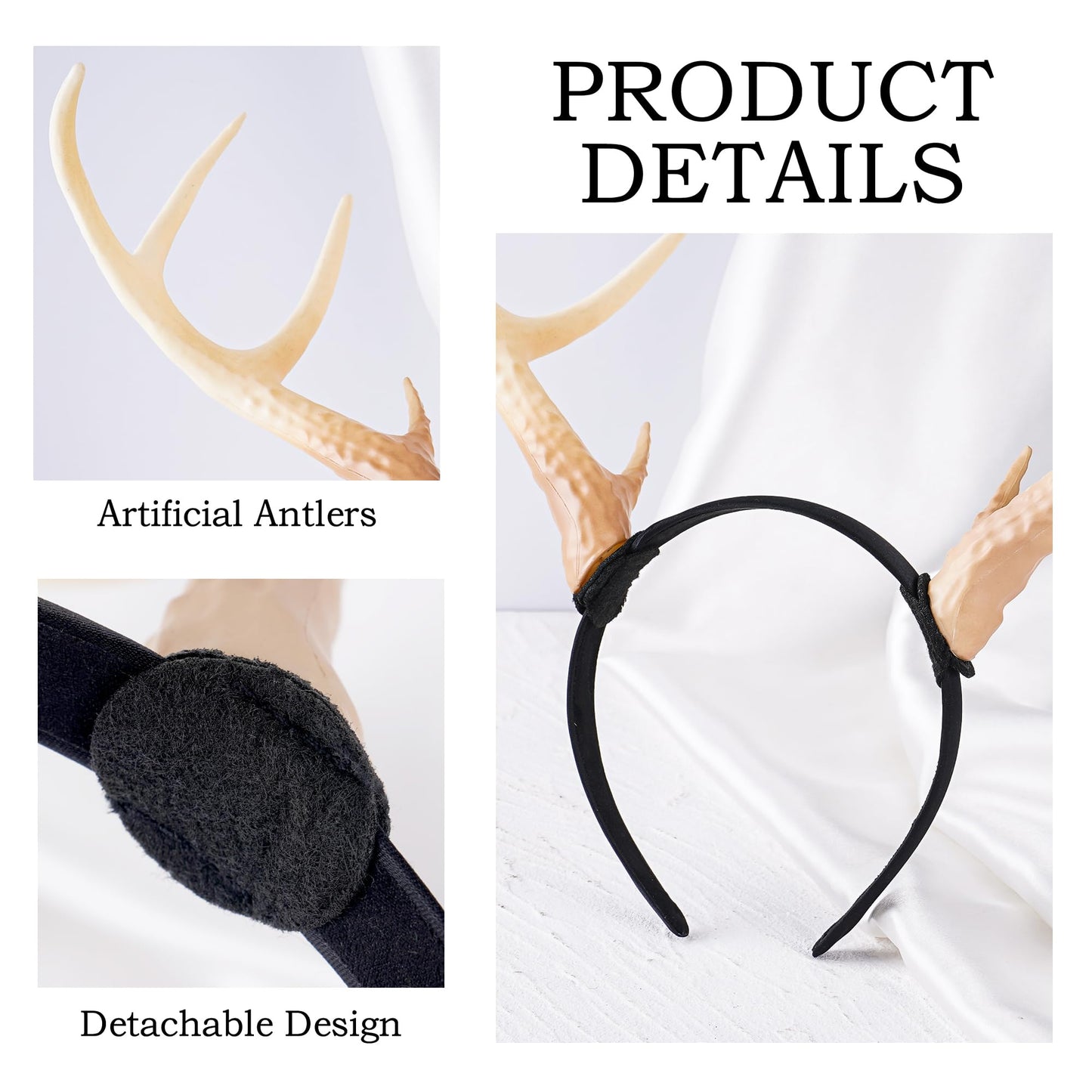 MOSTORY Antler Headband for Adult - White Reindeer Antlers Headband for Cosplay Photo Shoot, Deer Horns Hairband for Holiday Party Reindeer Costume Renaissance Renfaire (Detachable)