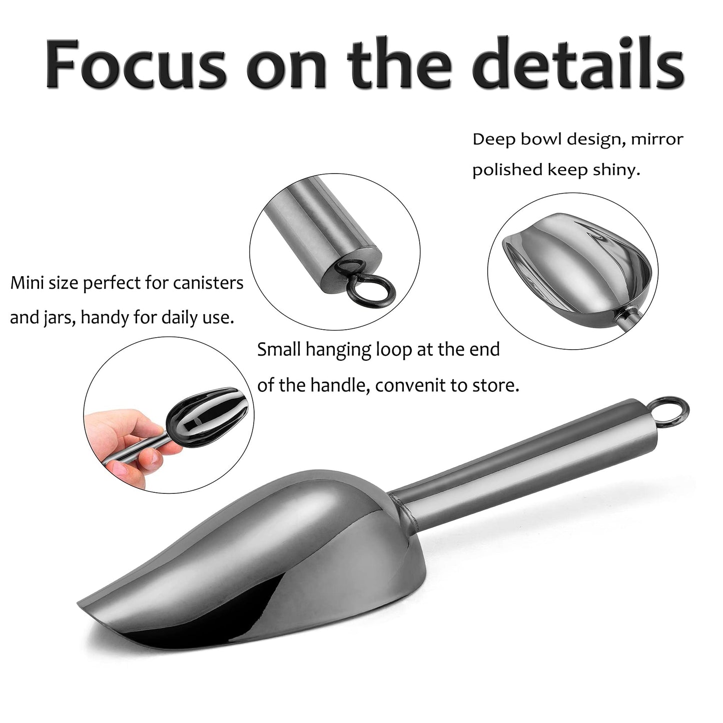 Mini Ice Scoop Set of 8, E-far 3 Ounce Platinum Black Stainless Steel Scoops for Candy/Flour/Sugar, Small Metal Scoops for Party/Canisters Jars/Kitchen Bar/Ice Maker, Rust Proof & Dishwasher Safe