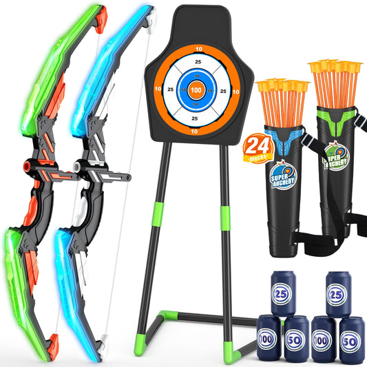 HYES 2 Pack Bow and Arrow for Kids, LED Light Up Archery Set with 24 Suction Cup Arrows, 1 Standing Target, 6 Score Targets & 2 Quiver, Indoor Outdoor Sport Gifts for Boys Girls Ages 4-8