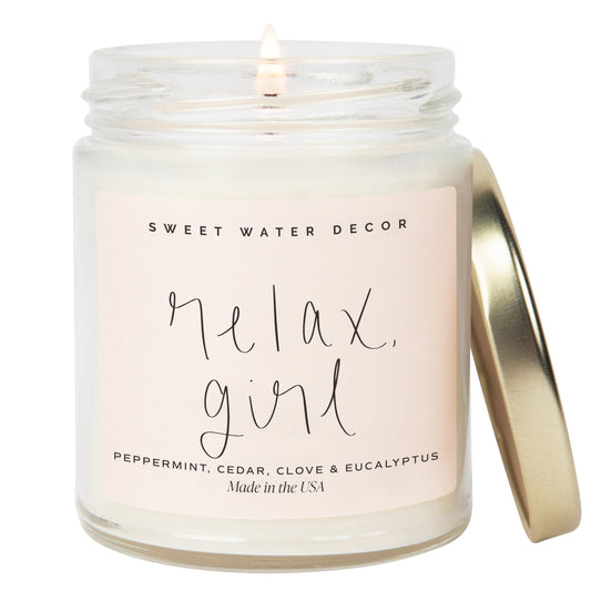 Sweet Water Decor Relax Girl, Peppermint, Cedar, Clove, and Eucalyptus Scented Soy Wax Candle for Home | 9oz Clear Jar, 40 Hour Burn Time, Non Toxic, Made in the USA