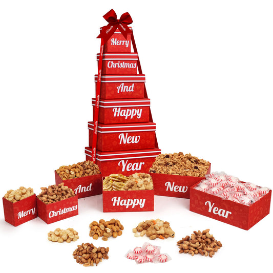 Christmas Gift Baskets - 6 Tier Indulgence Nuts Gift Basket Tower with Filled With Snacks & Nuts - Gourmet Food christmas Gift for Men & Women.