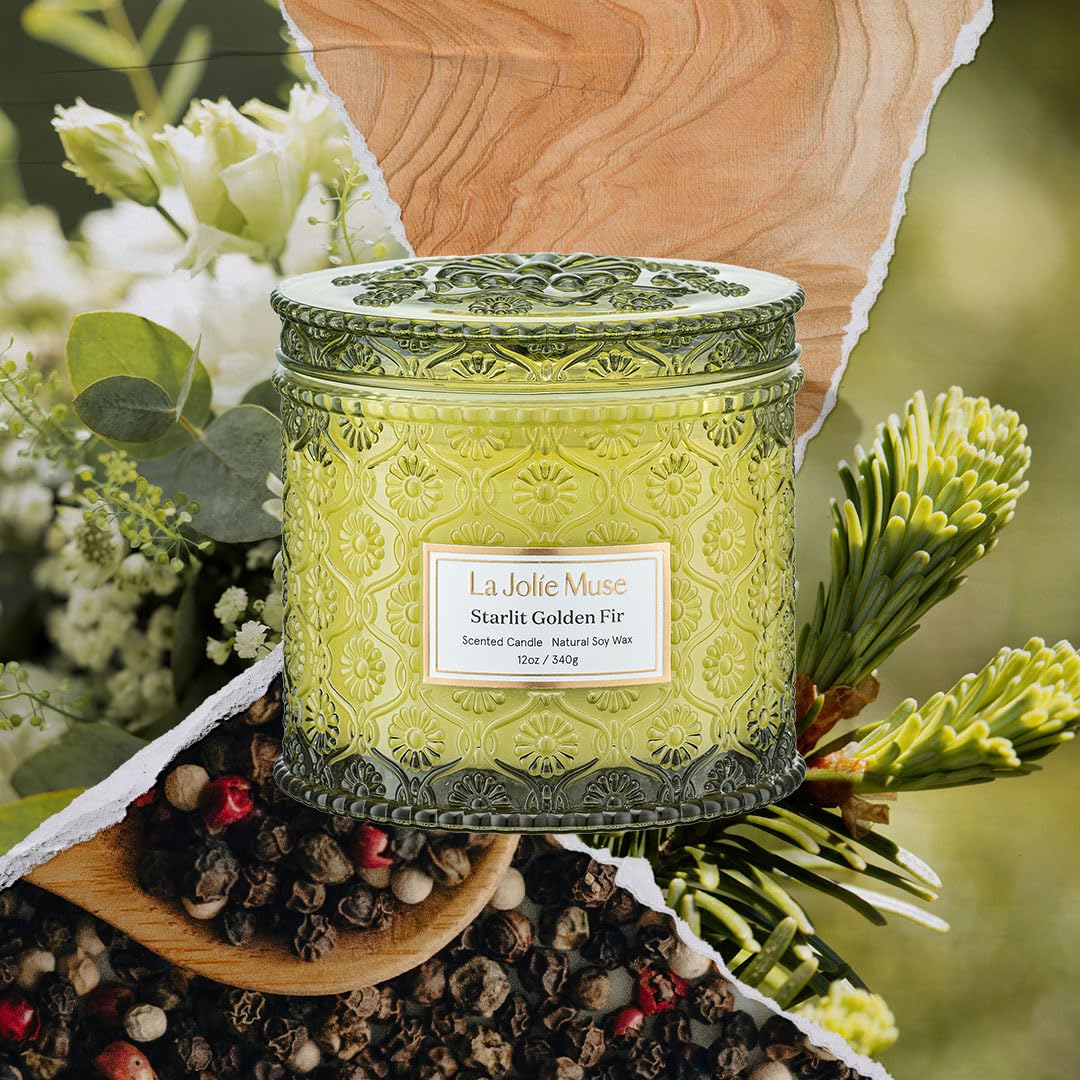 LA JOLIE MUSE Fir & Cedarwood Candle, Christmas Candles for Home Scented, Large 2-Wick Soy Candles, Luxury Jar Candle Gifts for Women & Men, 60 Hours Long Burning, Starlit Golden Fir, 12oz