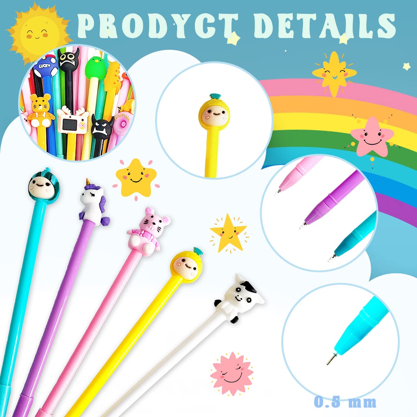 Muiyaneq 70 Pieces Cute Cartoon Gel Ink Pens,Random Novelty Kawaii Pens,Cool Assorted Styles Writing Pen for Kids,School Office Home Supplies,Gift