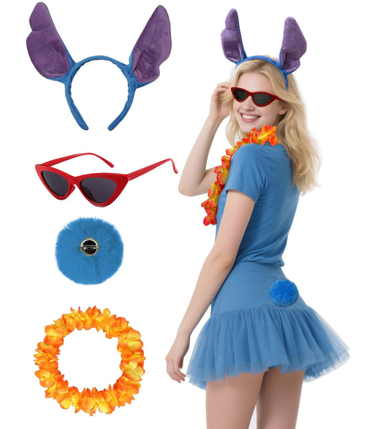 OUHAICUST Unisex Blue Stitch Ears Headband Tail Glasses Hawaiian Lei Costume Accessories Blue Little Monster Kit Halloween Cosplay