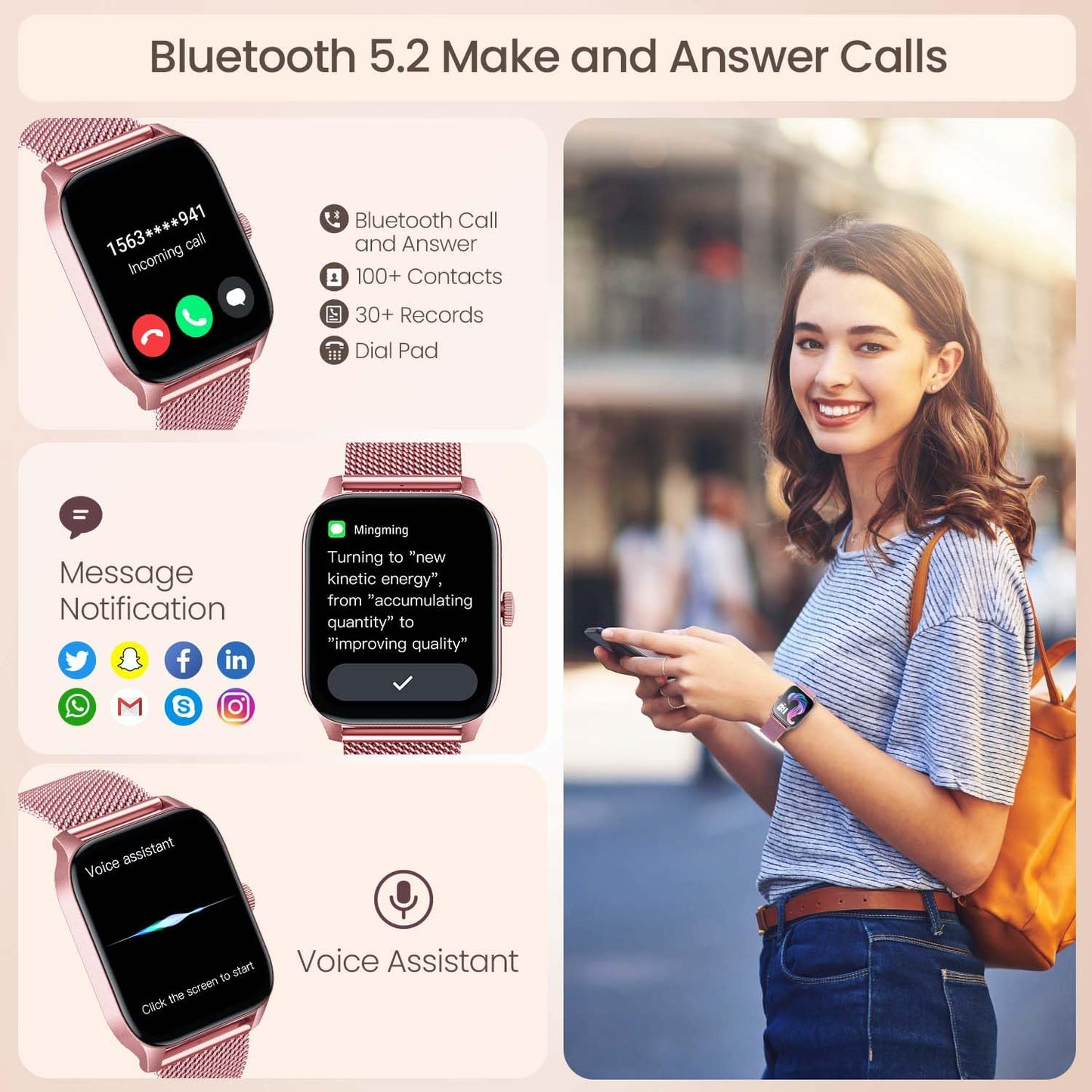 Smart Watches for Women Android iOS Phones: Pink Smartwatch for Women 1.83" Touchscreen with Answer/Make Call Waterproof Heart Rate Blood Pressure Sleep Sport Alarm Pedometer Calorie Fitness Tracker